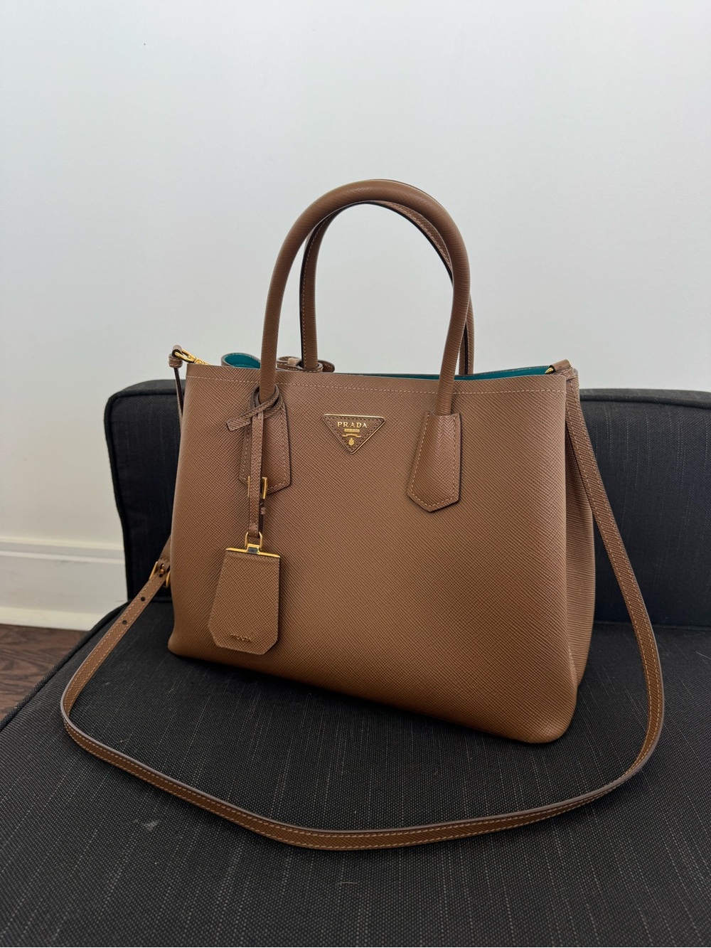 Prada Brown Double Saffiano Tote with Turquoise Interior Rare